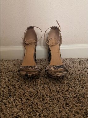 Snakeskin Ankle-Strap Block Heels in Neutral Tones